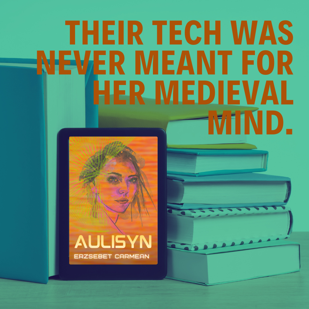 Image of Aulisyn cover on e-reader mockup on green background of stacked books.