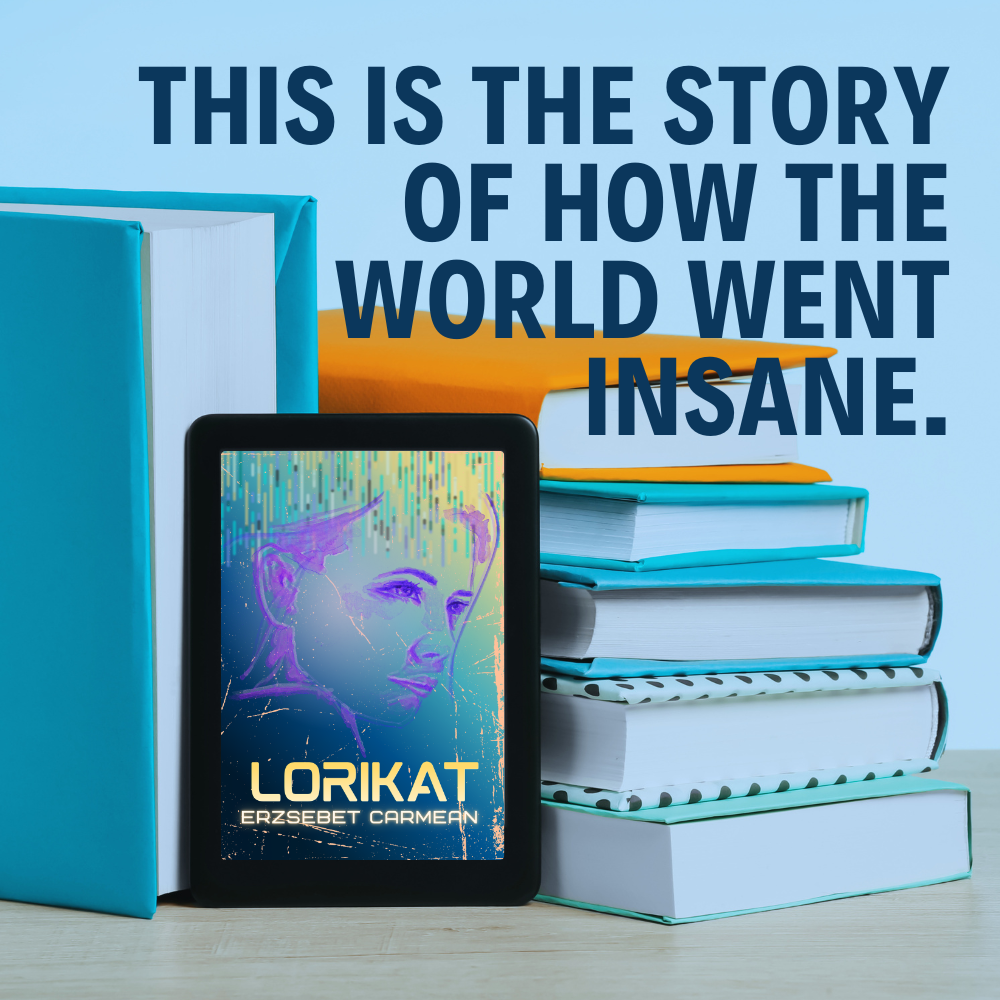 Image of Lorikat cover on e-reader mockup on green background of stacked books.