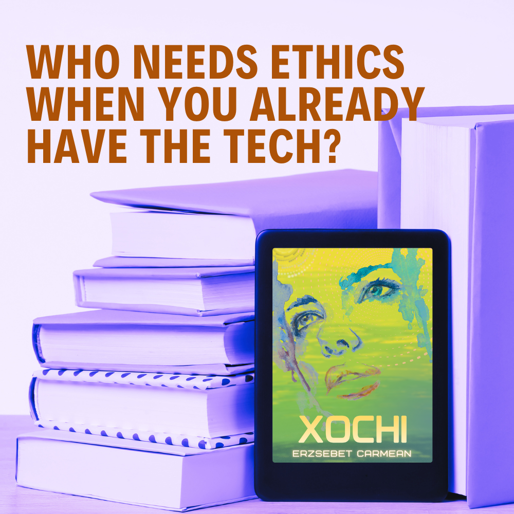 Image of XOchi cover on e-reader mockup on green background of stacked books.